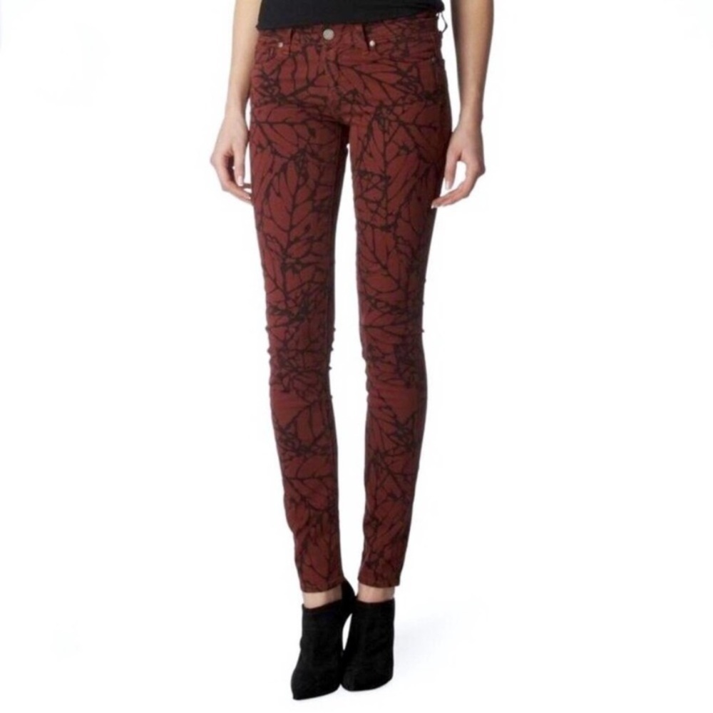 Paige Maroon Red and Black Skyline Leaf Abstract Print Skinny Jeans Size 28